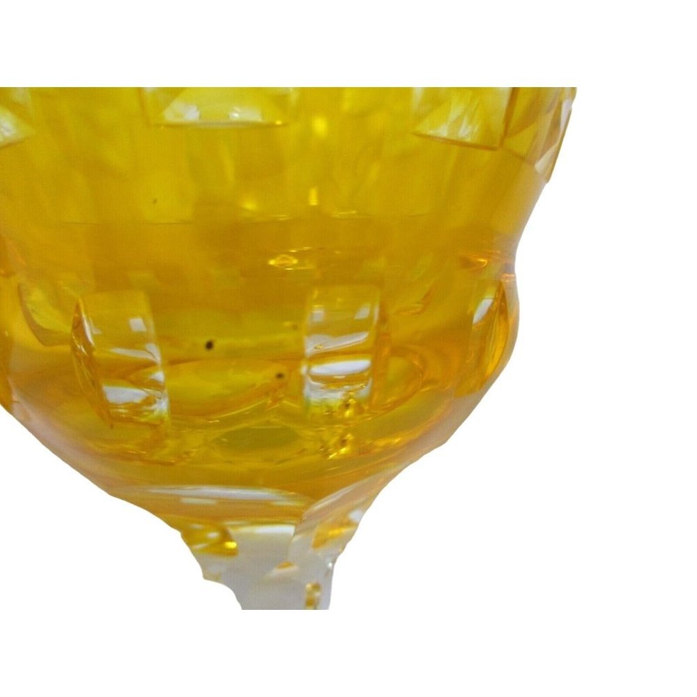 Vintage Bohemian Yellow Cased Cut to Clear X in Square Pattern Wine Pair - Picture 3 of 12